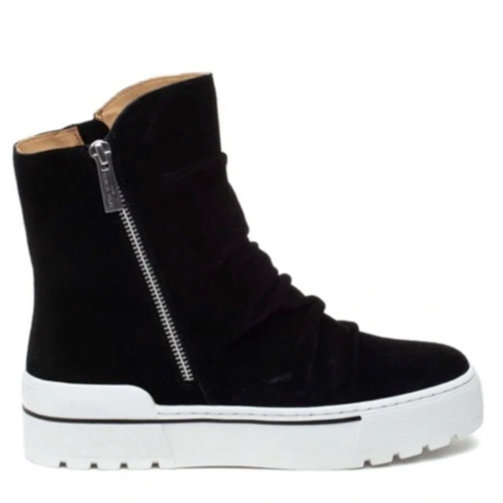 J/Slides NILA Hi Top Platform Sneaker Boots Black Suede, Double Zip,